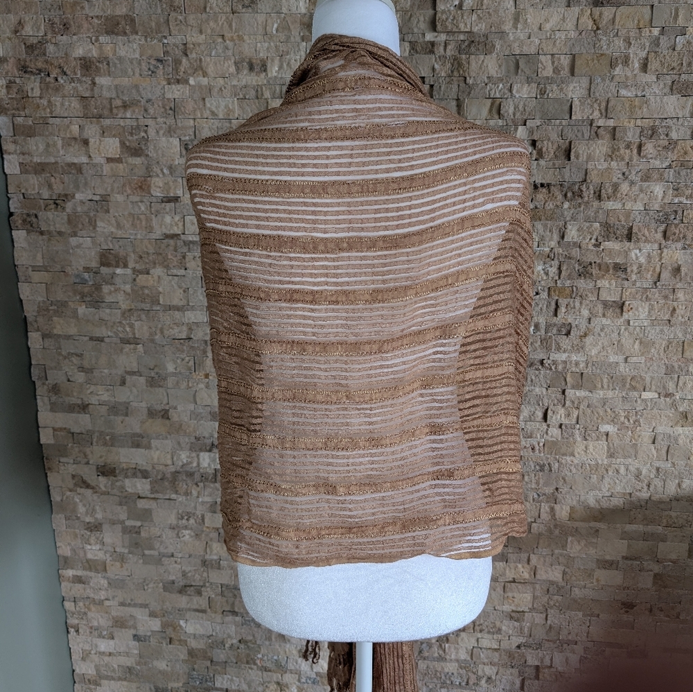 Camel Tan Boho Textured Fringe Shawl Sheer Lightweight Neutral Scarf Eco Fairy image 5